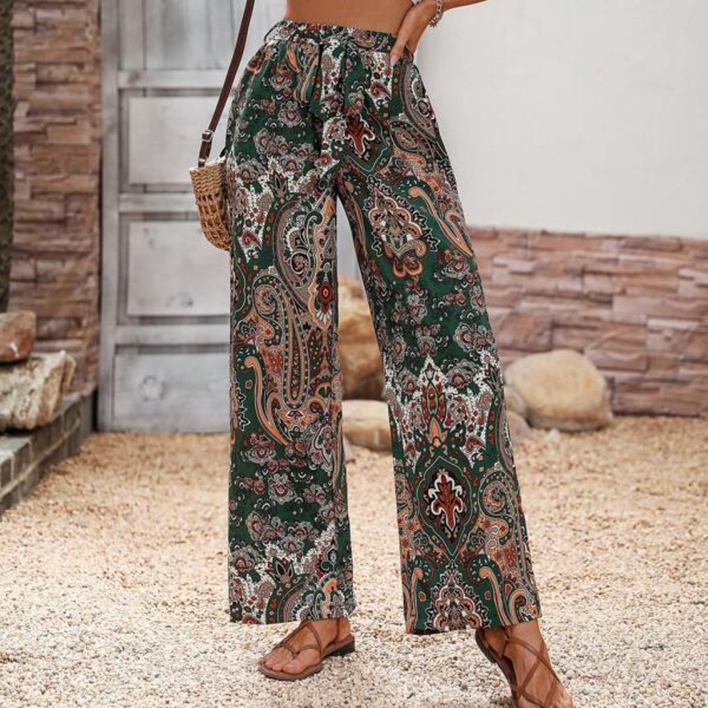 Paisley Print Belted Wide Leg Pants